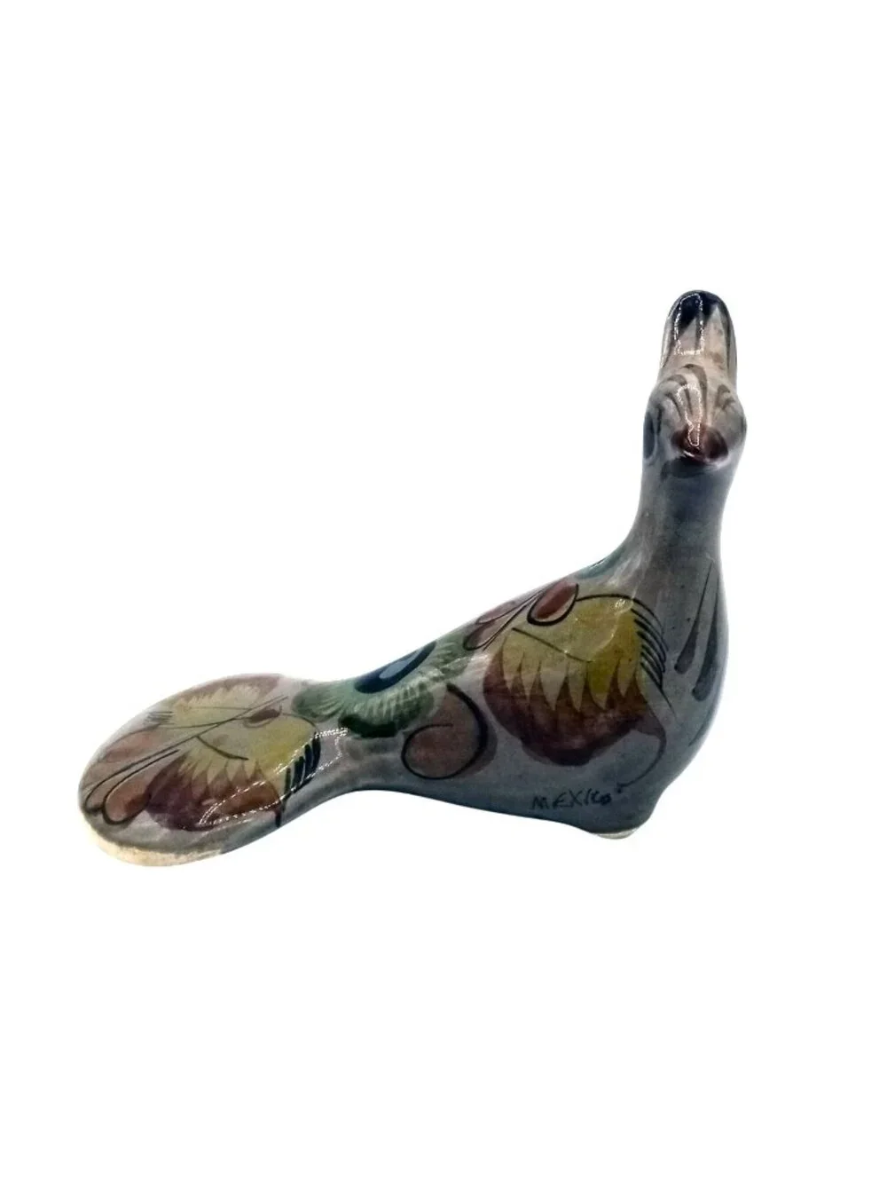 Vintage Mexican Pottery Bird Tonala Style Hand Painted Floral Folk Art Mexico
